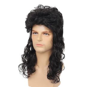Mullet Wigs for Men 80s Long Curly Black Wig Halloween Party Costumes Party Hair Wig for Male Guy