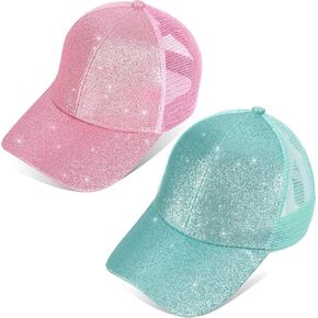 Girls Glitter Baseball Cap Criss Cross Ponytail Hat Adjustable High Messy Bun Ponycap Kids Trucker Hat in Kuwait