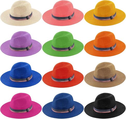 Jeyiour 12 Pack Straw Fedora Hat for Men Women Classic Wide Brim Straw Hat Beach Colorful Sun Hat Bulk Panama Hat for Beach Summer Outdoors Camping Supplies Patriotic Costume Accessory in Saudi Arabia