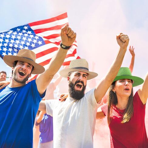 Jeyiour 12 Pack Straw Fedora Hat for Men Women Classic Wide Brim Straw Hat Beach Colorful Sun Hat Bulk Panama Hat for Beach Summer Outdoors Camping Supplies Patriotic Costume Accessory in Saudi Arabia