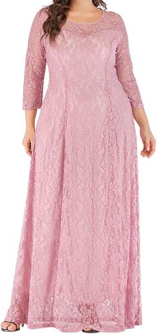 MAYFASEY Women's Plus Size Floral Lace Wedding Dress 3 4 Sleeve Bridesmaid Evening Party Long Maxi Dresses with Pockets in Saudi Arabia