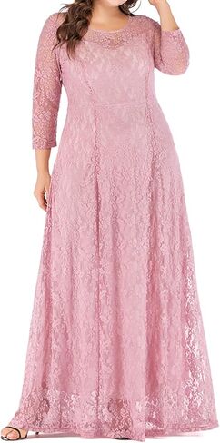 MAYFASEY Women's Plus Size Floral Lace Wedding Dress 3 4 Sleeve Bridesmaid Evening Party Long Maxi Dresses with Pockets in Saudi Arabia