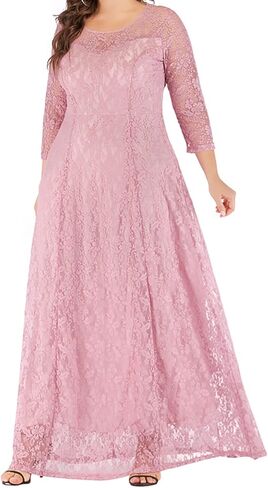 MAYFASEY Women's Plus Size Floral Lace Wedding Dress 3 4 Sleeve Bridesmaid Evening Party Long Maxi Dresses with Pockets in Saudi Arabia