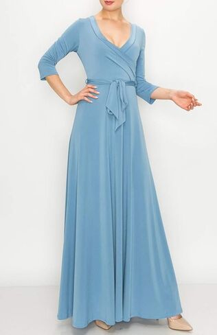 Bon Rosy Women's #MadeInUSA 3/4 Sleeve V-Neck Solid Maxi Wrap Dress Plus in Kuwait