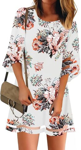 LookbookStore Women Casual Crewneck Mesh Panel 3/4 Bell Sleeve Loose Tunic Dress in Saudi Arabia