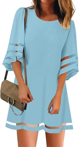 LookbookStore Women Casual Crewneck Mesh Panel 3/4 Bell Sleeve Loose Tunic Dress in Kuwait