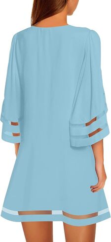 LookbookStore Women Casual Crewneck Mesh Panel 3/4 Bell Sleeve Loose Tunic Dress in Kuwait