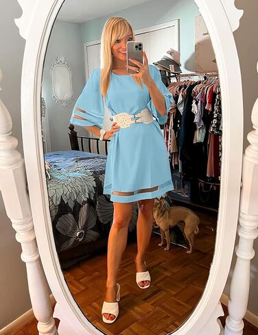 LookbookStore Women Casual Crewneck Mesh Panel 3/4 Bell Sleeve Loose Tunic Dress in Kuwait