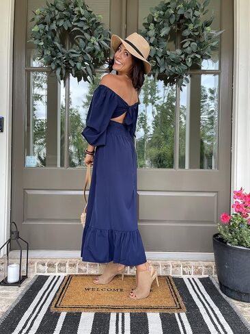 VOTEPRETTY Women's Puff Sleeve Bridal Shower Flowy Tie Back Long Dresses in Kuwait