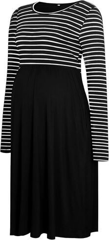 WOOXIO Women's Long Sleeve Maternity Dress Patchwork Pregnancy Dresses Mama Clothes with Pockets in Saudi Arabia