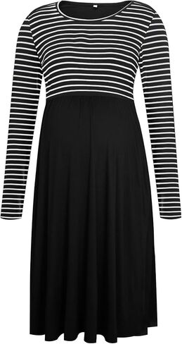 WOOXIO Women's Long Sleeve Maternity Dress Patchwork Pregnancy Dresses Mama Clothes with Pockets in Saudi Arabia
