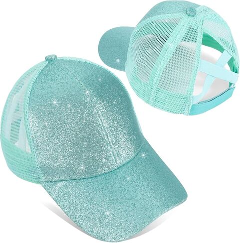 Girls Glitter Baseball Cap Criss Cross Ponytail Hat Adjustable High Messy Bun Ponycap Kids Trucker Hat in Kuwait