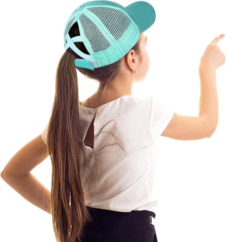 Girls Glitter Baseball Cap Criss Cross Ponytail Hat Adjustable High Messy Bun Ponycap Kids Trucker Hat in Kuwait