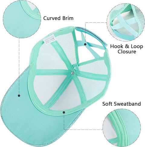 Girls Glitter Baseball Cap Criss Cross Ponytail Hat Adjustable High Messy Bun Ponycap Kids Trucker Hat in Kuwait