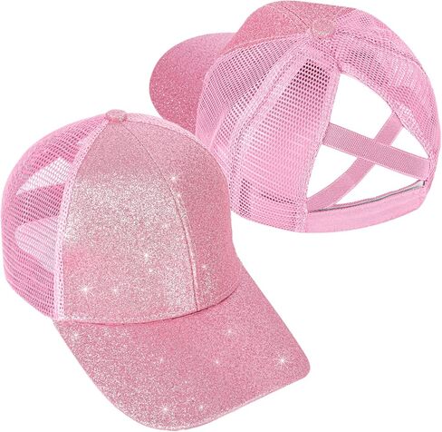 Girls Glitter Baseball Cap Criss Cross Ponytail Hat Adjustable High Messy Bun Ponycap Kids Trucker Hat in Kuwait