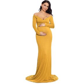 ZIUMUDY Maternity Off Shoulder Photo Shoot Photography Dress Solid Color Baby Shower Dress in Kuwait