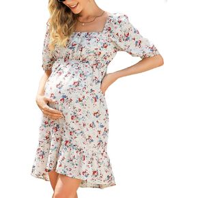 KOJOOIN Maternity Dress Summer Women Tie Back Square Neck Puff Sleeve Off Shoulder Pregnancy Baby Shower Dress
