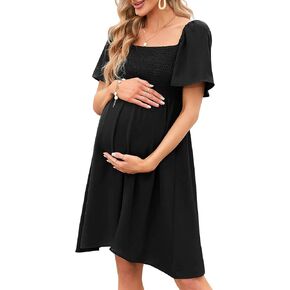 KOJOOIN Maternity Dress Summer Women Tie Back Square Neck Puff Sleeve Off Shoulder Pregnancy Baby Shower Dress