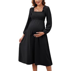 BeautyNee Womens Maternity Dress for Photoshoot Baby Shower Flutter Strap Sleeve Square Neck Smocked Maxi Boho Dress