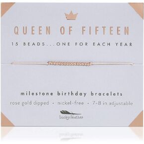 Lucky Feather Quinceanera Gifts for 15 Year Old Girls; 15th Birthday Bracelet with 15 14K Gold Dipped Beads Marking Each Year on Adjustable Cord
