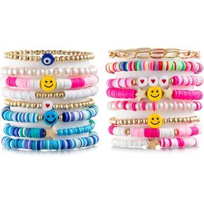Preppy Bracelets Set Colorful White Gold Smile Heart Star Polymer Beaded Pearl Clay Stackable Charm Y2K Kidcore Aesthetic Summer Beach Bohemian Stretch Layering Bracelets Jewelry for Girls Women Teens in Kuwait
