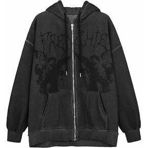 SOLILOQUY Women Zip Up Hoodie Y2k Vintage Graphic Oversized Hooded Sweatshirt Jacket Pullover Coats Harajuku Streetwear