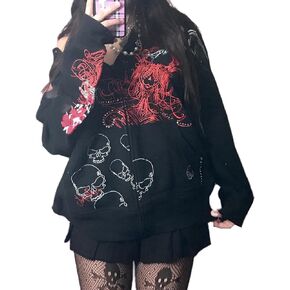 SOLILOQUY Women Zip Up Hoodie Y2k Vintage Graphic Oversized Hooded Sweatshirt Jacket Pullover Coats Harajuku Streetwear in Saudi Arabia