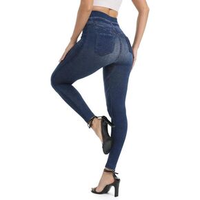 بنطال Seamaid Jean Look للسيدات بخصر عالٍ للتحكم في البطن مع جيوب خلفية، بنطال جينز مزيف مطبوع من قماش الدنيم، بدون خياطة