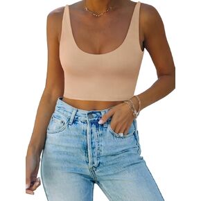 REORIA Women's Sexy Deep Scoop Neck Double Lined Seamless Sleeveless Cropped Cami Tank Yoga Crop Tops