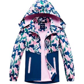 Girls Hooded Rain Jacket Waterproof Raincoat Fleece Lined Coat for Kids