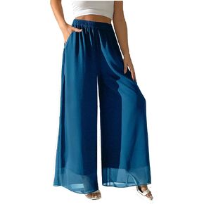 heipeiwa Women's Chiffon Dress Beach Wide Leg Palazzo Pants Elastic Waist Trouser in Saudi Arabia