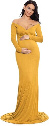 ZIUMUDY Maternity Off Shoulder Photo Shoot Photography Dress Solid Color Baby Shower Dress in Kuwait