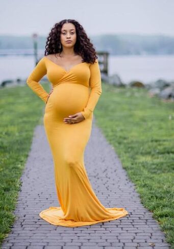 ZIUMUDY Maternity Off Shoulder Photo Shoot Photography Dress Solid Color Baby Shower Dress in Kuwait