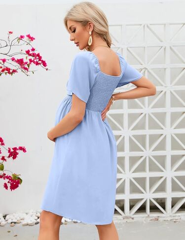 KOJOOIN Maternity Dress Summer Women Tie Back Square Neck Puff Sleeve Off Shoulder Pregnancy Baby Shower Dress in Saudi Arabia