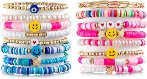Preppy Bracelets Set Colorful White Gold Smile Heart Star Polymer Beaded Pearl Clay Stackable Charm Y2K Kidcore Aesthetic Summer Beach Bohemian Stretch Layering Bracelets Jewelry for Girls Women Teens in Kuwait