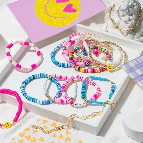 Preppy Bracelets Set Colorful White Gold Smile Heart Star Polymer Beaded Pearl Clay Stackable Charm Y2K Kidcore Aesthetic Summer Beach Bohemian Stretch Layering Bracelets Jewelry for Girls Women Teens in Kuwait