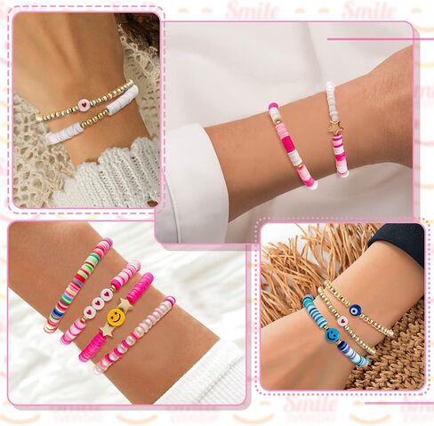 Preppy Bracelets Set Colorful White Gold Smile Heart Star Polymer Beaded Pearl Clay Stackable Charm Y2K Kidcore Aesthetic Summer Beach Bohemian Stretch Layering Bracelets Jewelry for Girls Women Teens in Kuwait