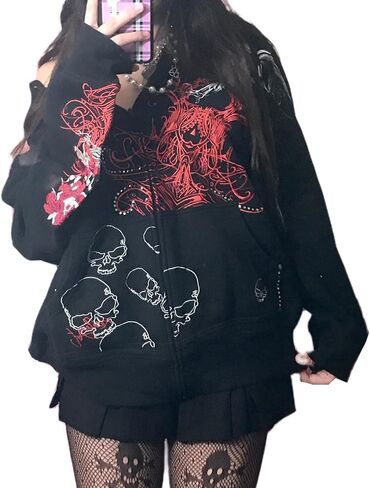 SOLILOQUY Women Zip Up Hoodie Y2k Vintage Graphic Oversized Hooded Sweatshirt Jacket Pullover Coats Harajuku Streetwear in Kuwait