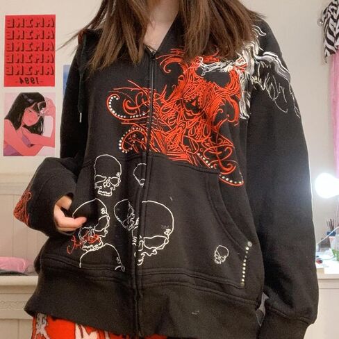 SOLILOQUY Women Zip Up Hoodie Y2k Vintage Graphic Oversized Hooded Sweatshirt Jacket Pullover Coats Harajuku Streetwear in Kuwait