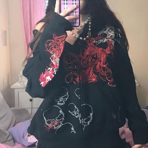 SOLILOQUY Women Zip Up Hoodie Y2k Vintage Graphic Oversized Hooded Sweatshirt Jacket Pullover Coats Harajuku Streetwear in Kuwait