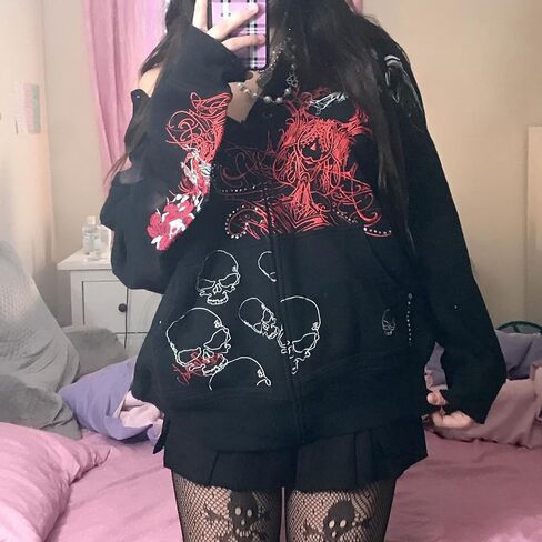 SOLILOQUY Women Zip Up Hoodie Y2k Vintage Graphic Oversized Hooded Sweatshirt Jacket Pullover Coats Harajuku Streetwear in Kuwait