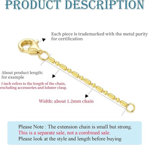 DUGISOWE 14k Gold 1"/1.5"/2"/2.5"/3"/4"/5"/6" سلسلة تمديد سوار القلادة، تمديد قلادة ذهبية 14 قيراط، موسع سلسلة ذهبية متينة قابلة للإزالة، سلسلة تمديد ذهبية قابلة للتعديل لقلادة خلخال in Kuwait