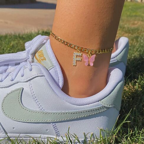 VIROMY 14K مطلية بالذهب فراشة أنيقة أساور الكاحل الأولية سلسلة كوبية مصنوعة يدويًا فراشة بيضاء A-Z الحروف الأبجدية الخلخال الأولي شخصية الصيف الشاطئ مجوهرات هدايا للنساء in Kuwait