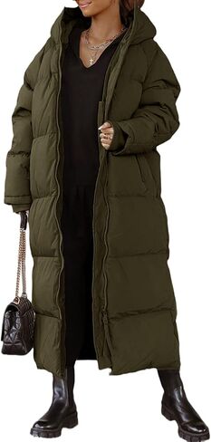 Tankaneo Womens Hooded Long Quilted Coat Maxi Length Long Sleeve Puffer Jacket Warm Padded Coat Thick Winter Outerwear in Kuwait