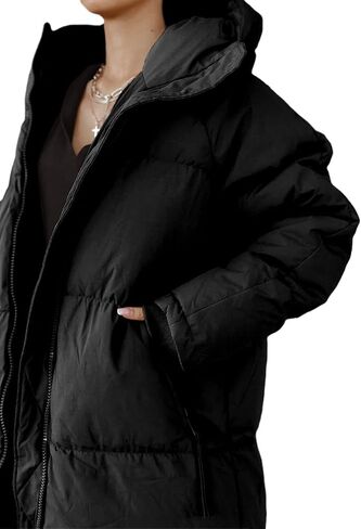 Shanfetl Women Long Quilted Coat Hooded Maxi Length Long Sleeve Puffer Jacket Padded Coat Winter Outerwear in Kuwait