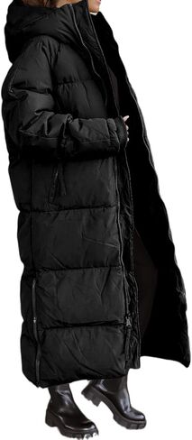 Shanfetl Women Long Quilted Coat Hooded Maxi Length Long Sleeve Puffer Jacket Padded Coat Winter Outerwear in Kuwait