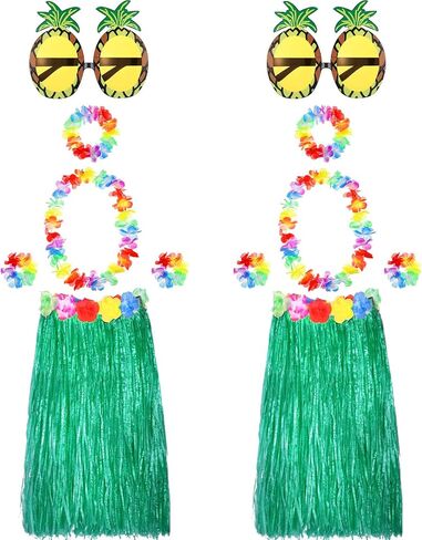 2 Sets 60 cm Hawaiian Hula Grass Skirt with Pineapple Sunglasses Flower Accessories, Straw in Kuwait