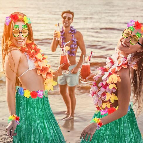 2 Sets 60 cm Hawaiian Hula Grass Skirt with Pineapple Sunglasses Flower Accessories, Straw in Kuwait