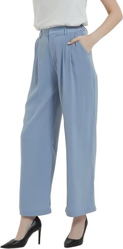 Tronjori Women High Waist Casual Straight Leg Long Dress Pants Wide Leg Trousers Regular Waistband in Kuwait