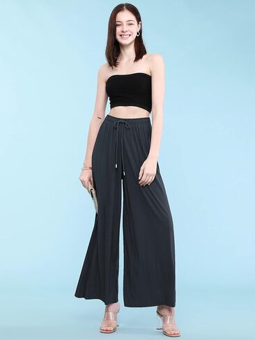 Lock and Love Womens Pleated Wide Leg Palazzo Maxi Pants with Drawstring or Elastic Band in Saudi Arabia